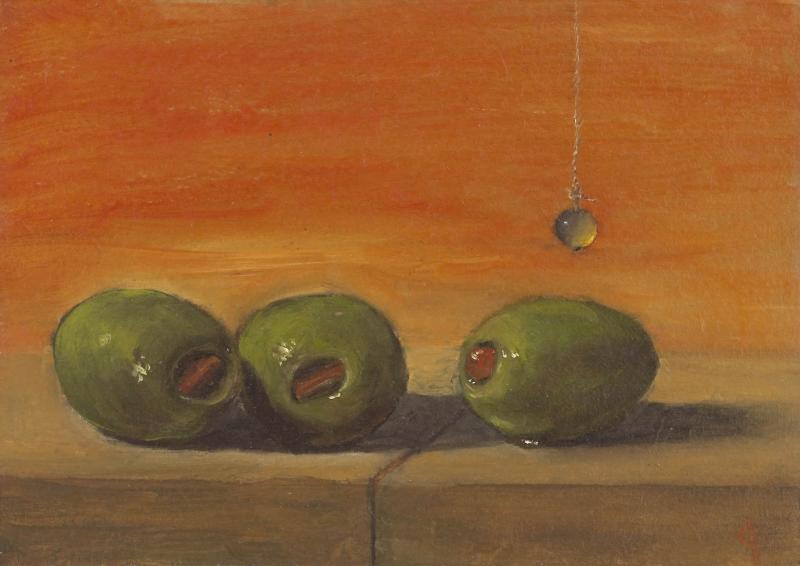 Three Olives Keeping Currant, oil on panel, 9 x 7 inches, $750 