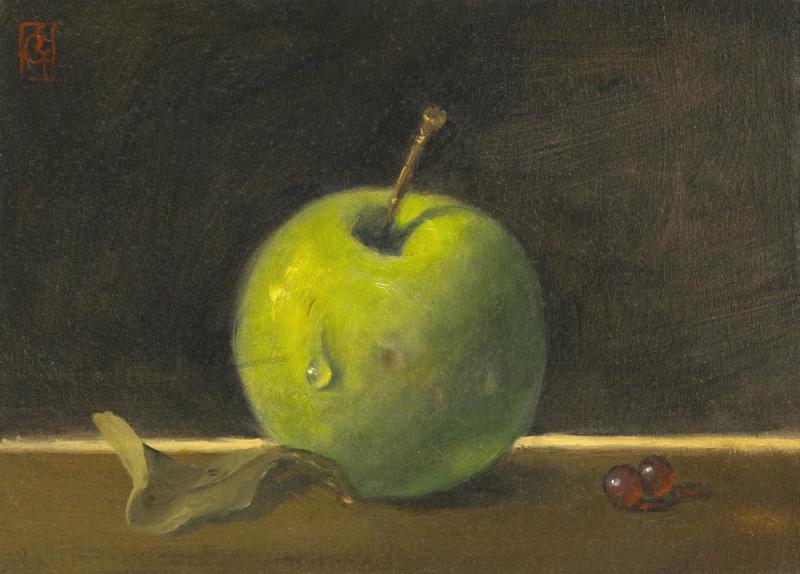 Apple and Currants, oil on panel, 5 x 7 inches, $400 
