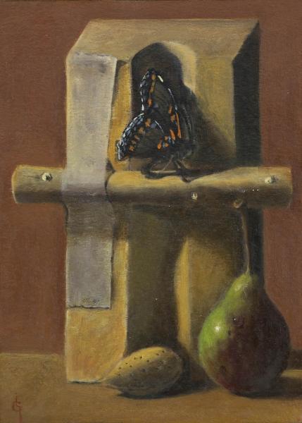 Butterfly Visits, oil on panel, 7 x 5 inches, $500 