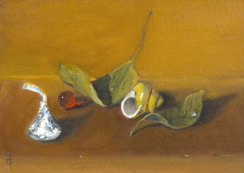 Kiss and Shell, oil on panel, 5 x 7 inches, $400 