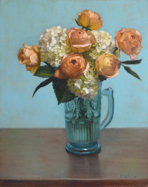 White Hydrangea and Caramel Roses, oil on linen, 20 x 16 inches, $2,500 