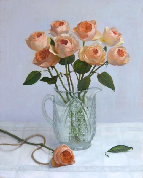 English Roses in White, oil on linen panel, 20 x 16 inches, $2,500 