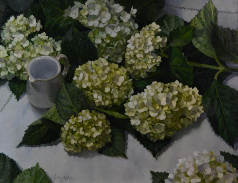 Hydrangeas on a White Tablecloth, oil on linen, 16 x 20 inches   SOLD 