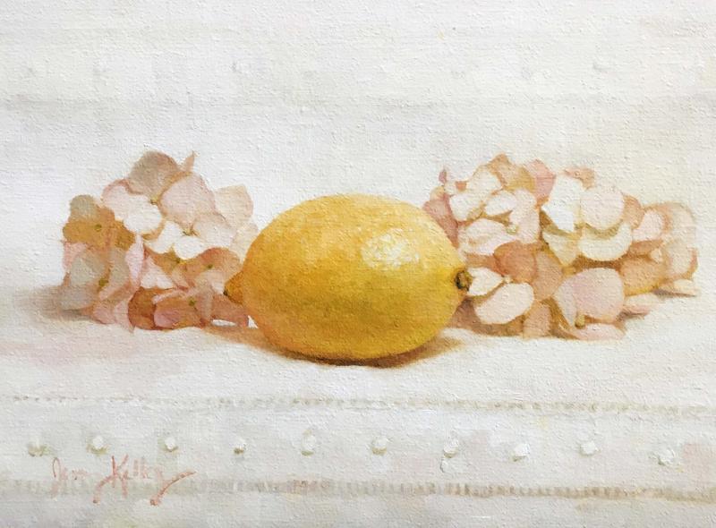 Lemon and Pink Hydrangeas, oil on linen, 6 x 8 inches, $700 