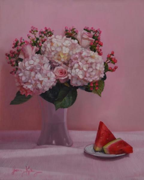 Pink Hydrangea and Watermelon, oil on linen, 20 x 16 inches, $2,500 