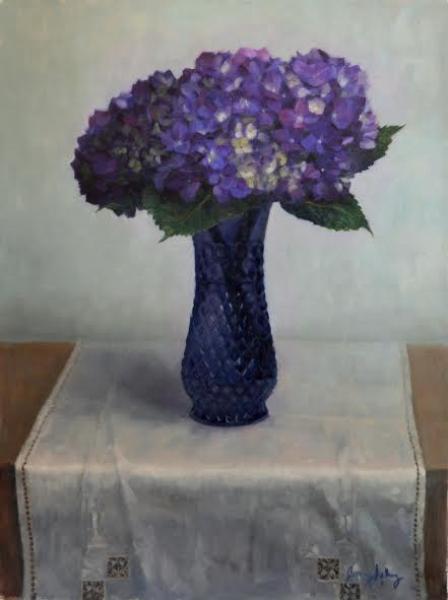 Purple Hydrangeas in a Blue Vase, oil on linen, 24 x 18 inches    SOLD 