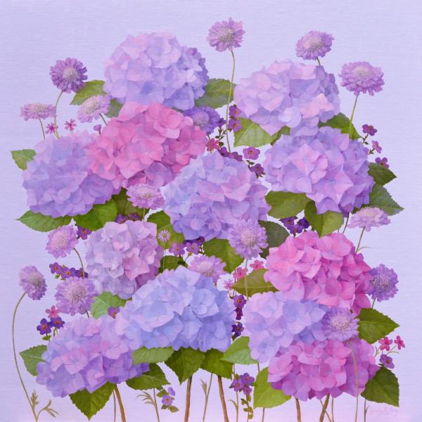Purple Hydrangeas, oil on linen, 24 x 24 inches, $4,800 