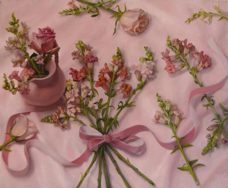 Snapdragons, Roses and Ribbons , oil on linen, 20 x 24 inches, $3,200 