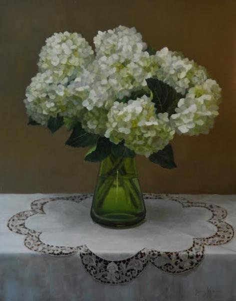 White Hydrangeas in a Green Vase, oil on linen, 28 x 22 inches   SOLD 