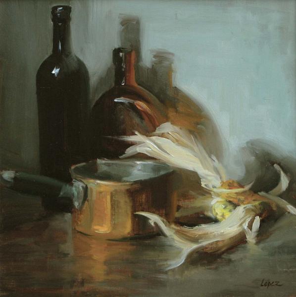 Bottles, Copper and Corn, oil on panel, 12 x 12 inches, $2,200 