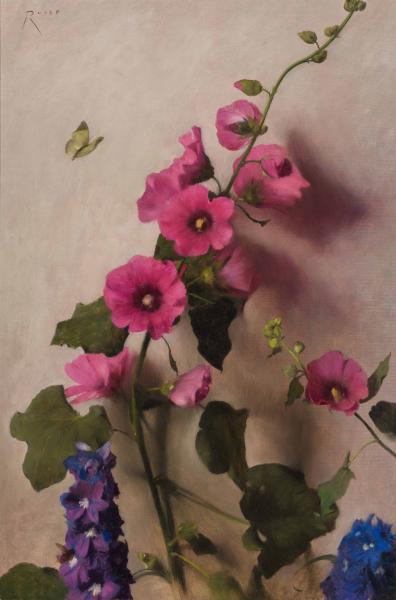 The Visitor (Hollyhock and Delphinium), oil on linen, 20.5 x 13.5 inches   SOLD 