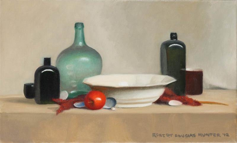 Arrangement with three Glass Bottles and White Bowl, oil on canvas, 12 x 20 inches, $5,000 