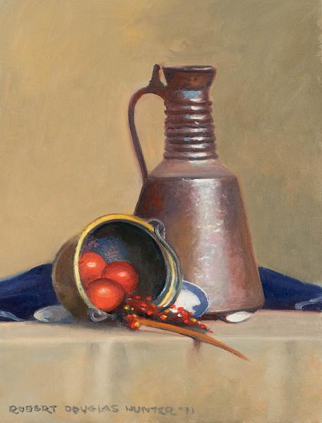 Copper and Brass with Three Red Pears, oil on canvas, 16 x 12 inches, $5,000 