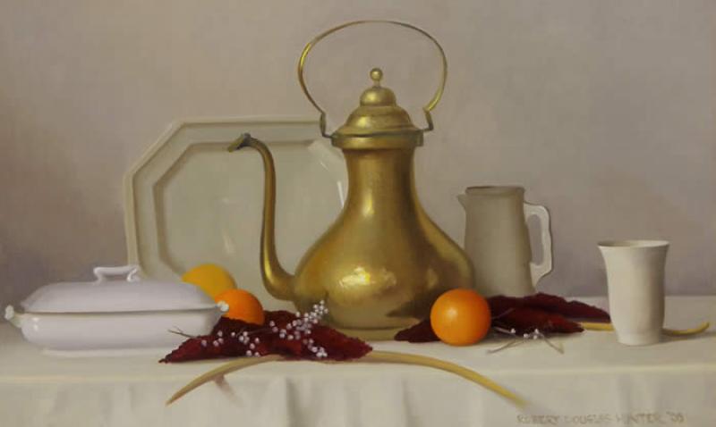 Arrangement with a Polished Brass Coffee Pot, oil on canvas, 22 x 36 inches , $16,000 