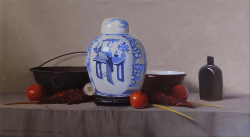 Arrangement with a Paxton Jar, oil on canvas , 20 x 36 inches, $9,500 
