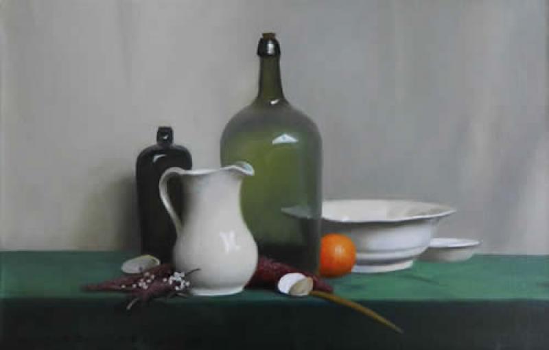 Glass, Pottery and Orange, oil on canvas, 12 x 20 inches   SOLD 