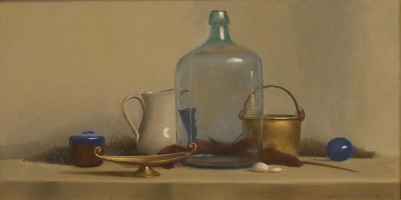 Brass, Glass, with a Pale Bottle, oil on canvas, 12 x 24 inches, $5,750 
