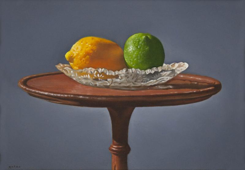 Crystal and Citrus on Pedestal, oil on panel, 5 x 7 inches, $1,800 