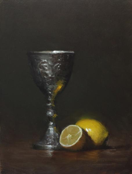 Still Life with Goblet and Lemons, oil on panel, 8 x 6 inches, $900 