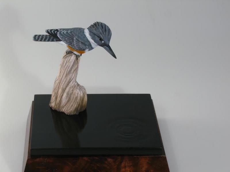 Belted Kingfisher, carved tupelo with oils, walnut base,    SOLD 