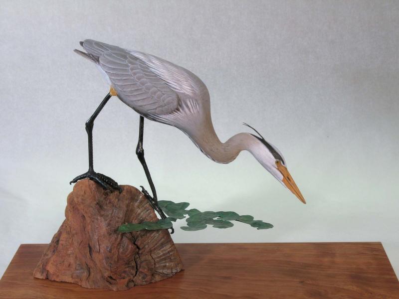 In Deep, Miniature Great Blue Heron, carved tupelo with oil and copper,    SOLD 