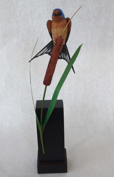 Barn Swallow on Punk, carved tupelo with brass and oils ,    SOLD 