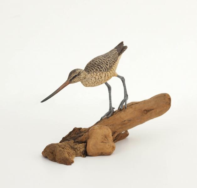 Inclined Godwit, Miniature, carved tupelo with oils,    SOLD 