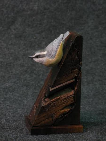  Nuthatch on Walnut, carved tupelo with oils,    SOLD 