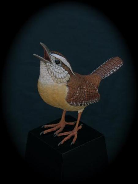 From the Top, Carolina Wren, carved tupelo with oils,    SOLD 