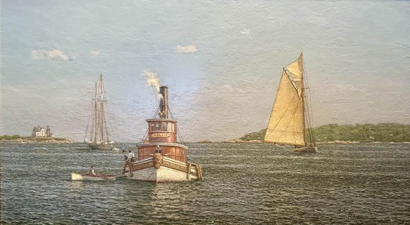 Arranging The Tow, Glouster Harbor, c.1900, oil on linen, 15 x 25 inches, $6,800 