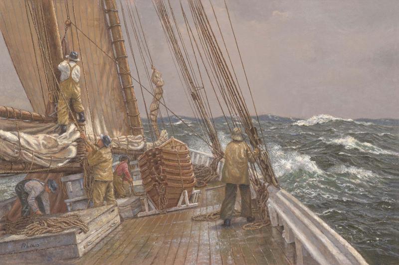 Setting the Storm, Trysail, Gloucestermen, 1920, oil on linen, 15 x 22 inches   SOLD 