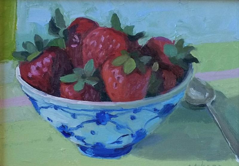 Strawberries, oil on canvas panel, 5 x 7 inches, $750 