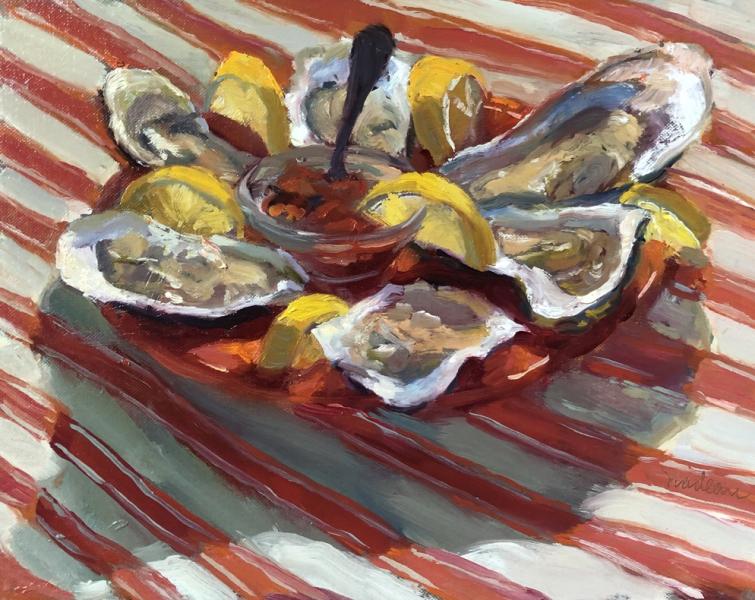Oysters on Red, oil on mounted linen, 11 x 14 inches, $1,400 