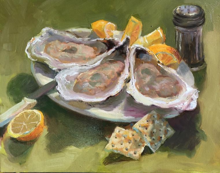Oyster's Three, oil on mounted linen, 11 x 14 inches, $1,400 