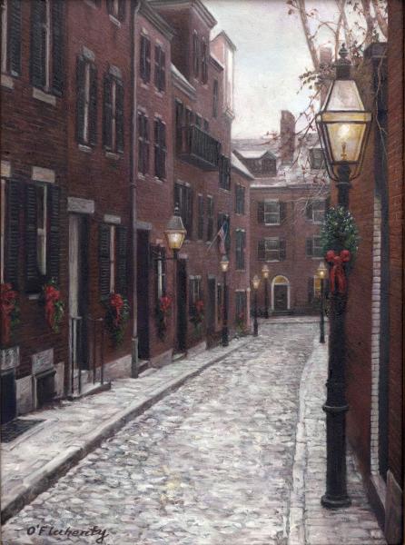 Walking Acorn Street, December, oil on panel , 9 x 12 inches , $2,400 