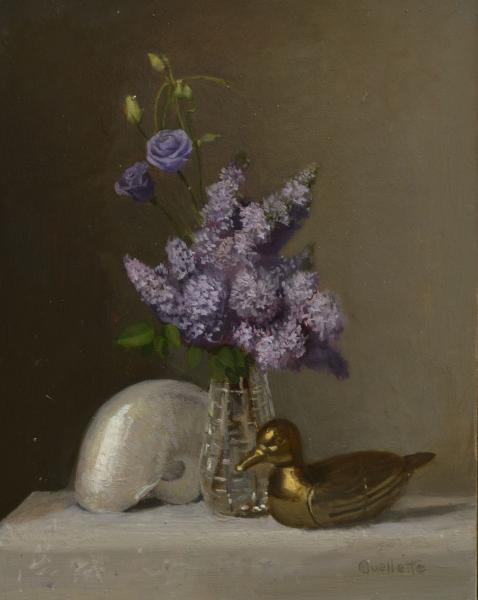 Still Life with Lilacs and Nautilus Shell, oil on canvas, 10 x 8 inches, $2,200 