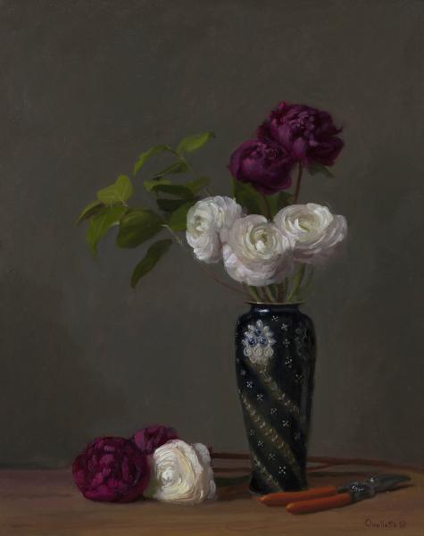 Peonies and Persian Buttercups in a Doulton Vase, oil on linen, 20 x 16 inches, $4,400 