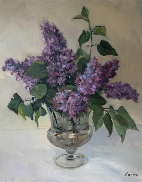 Cut Lilacs in Glass, oil on canvas panel, 20 x 16 inches, $3,000 