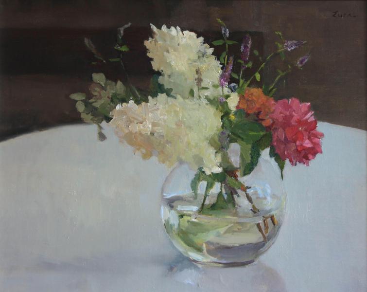 Hydrangea in Round Glass, oil on canvas, 16 x 20 inches, $2,800 