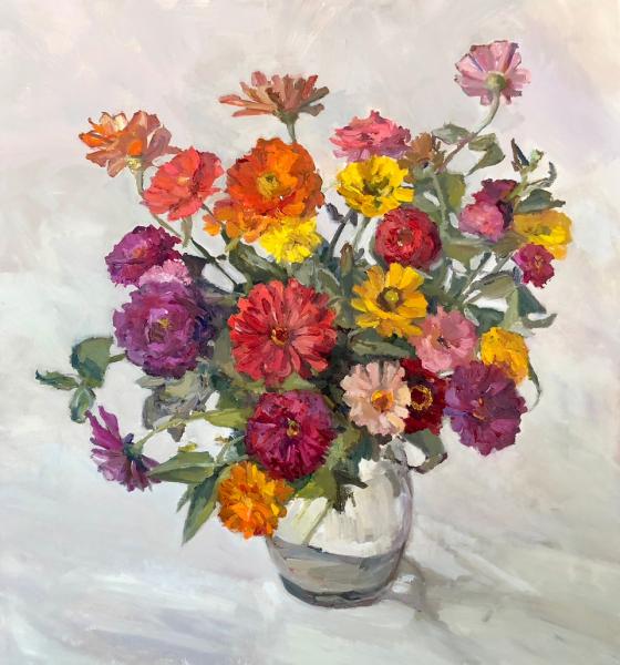 Zinnias in Glass, oil on canvas, 24 x 26 inches, $3,200 