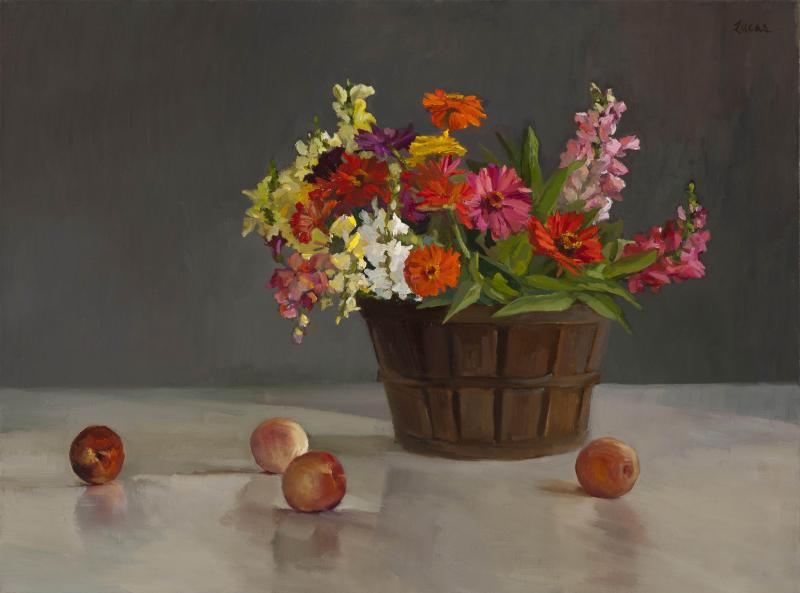 Zinnias, Snapdragons and Fruit, oil on canvas, 30 x 40 inches, $6,000 