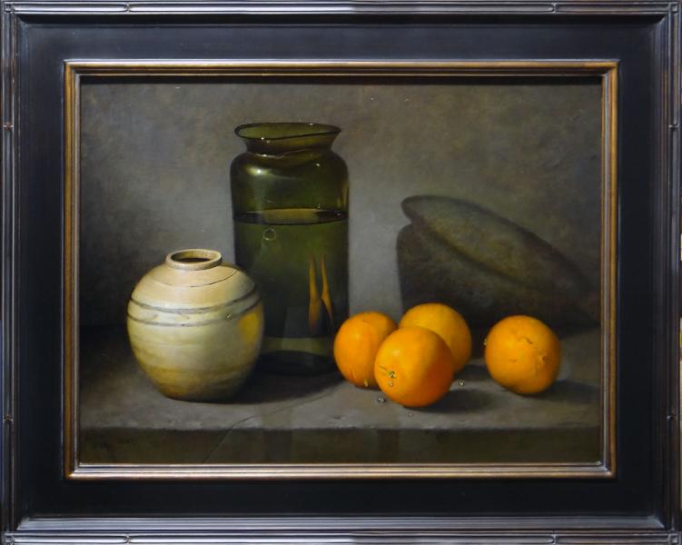 Hand Blown Bottle, Ming Ginger Jar and Oranges, oil on linen panel, 18 x 24 inches, $4,000 