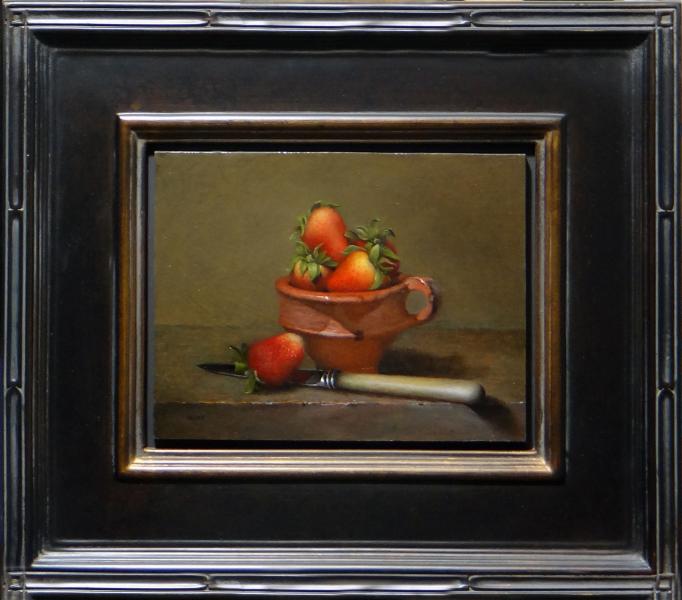 Strawberries in Dutch Market Berry Cup with Knife, oil on linen panel, 7 x 9 inches, $1,200 