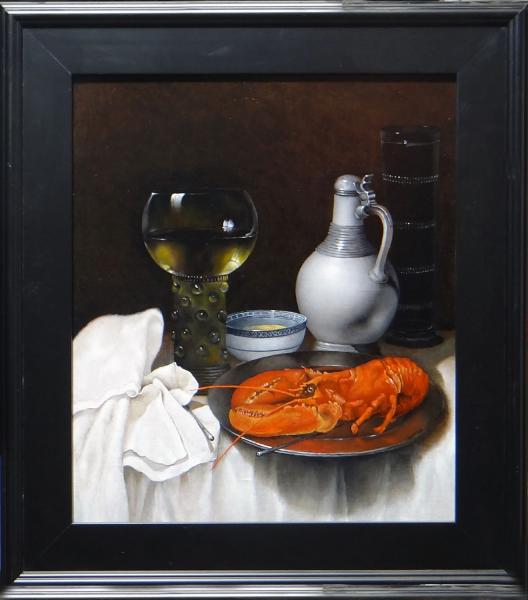 A Lobster Still Life, oil on linen panel, 15.75 x 18.75 inches, $3,000 