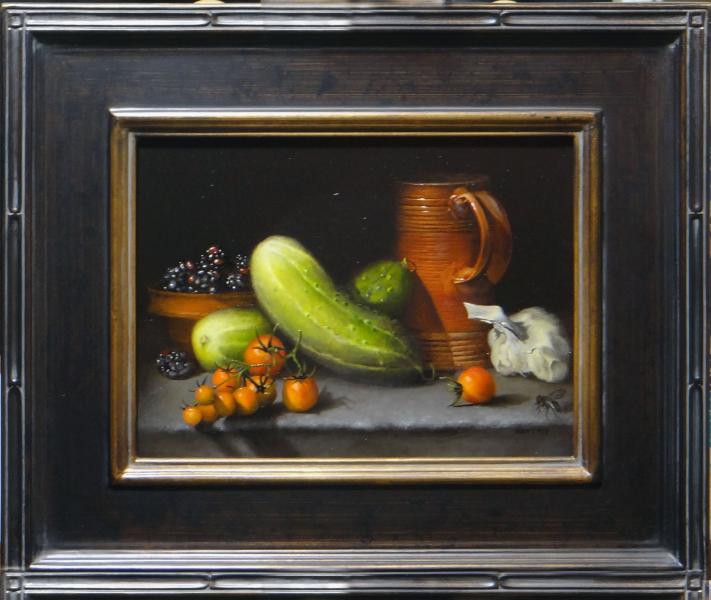 17th c. Dutch Cups with Berries and Veggies, oil on linen panel, 9 x 12 inches   SOLD 