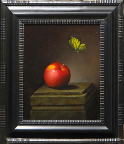 Decending Butterfly with Apple, oil on linen panel, 10 x 8 inches, $1,300 