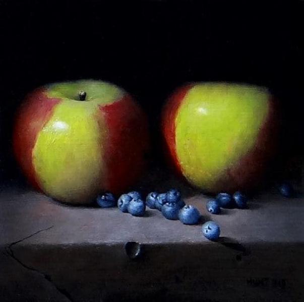 Apples and Blueberries, oil on panel, 9 x 12 inches, $1,400 