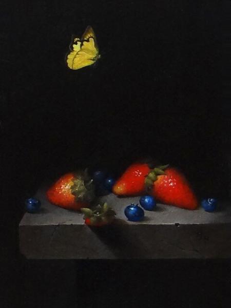 Berries and Butterfly, oil on panel, 10 x 7.5 inches, $1,300 