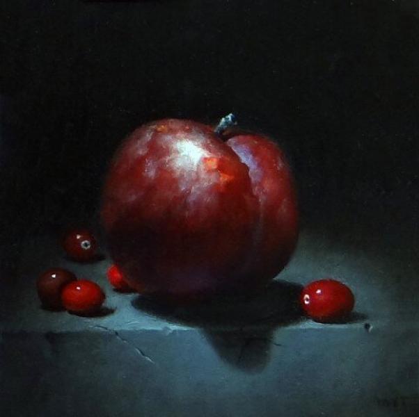 Plum with Cranberries, oil on panel, 6 x 6 inches   SOLD 