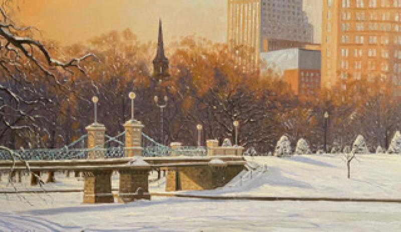 Approaching that Golden Hour (Boston in Winter), oil on canvas, 18 x 30 inches, $12,500 